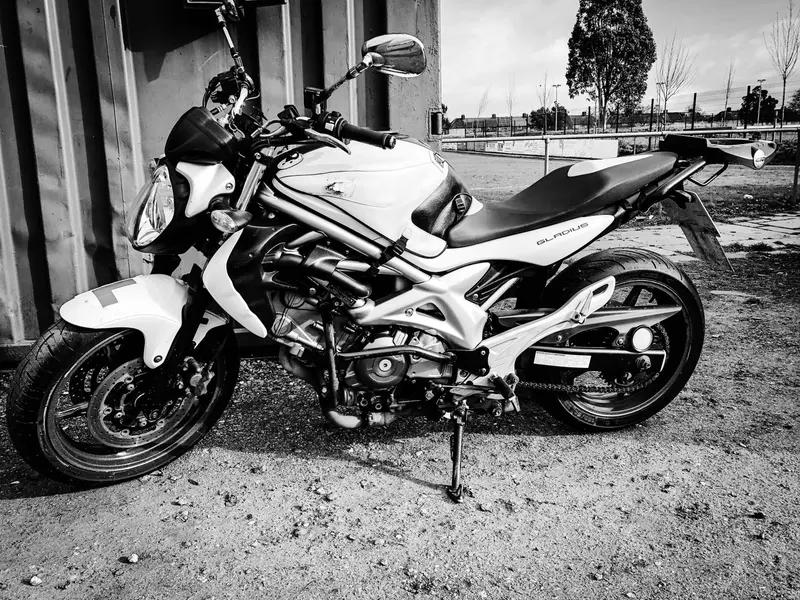A Suzuki Gladius training bike, in black and white