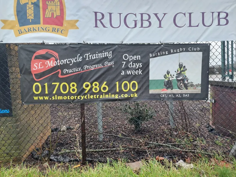The SL Motorcycle Training sign at Barking Rugby Club